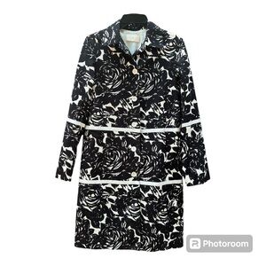 Helen Wang Black White Floral Preppy Midi Trench Coat Size 6